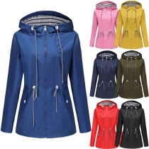 Fashion Solid Color Long Sleeve Drawstring Waist Hooded Waterproof Outdoor Jacket