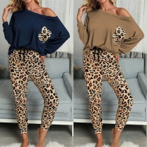 Fashion Long Sleeve T-shirt + Leopard Printed Pants Two-piece Set