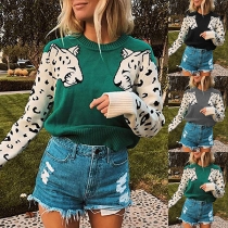 Fashion Leopard Spliced Long Sleeve Round Neck Sweater
