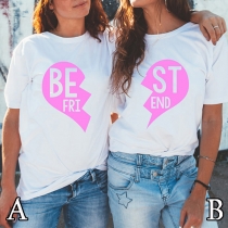 Fashion Heart Letters Printed Short Sleeve Round Neck T-shirt