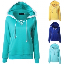 Fashion Contrast Color Long Sleeve Lace-up V-neck Hooded Sweatshirt