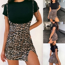 Sexy High Waist Slit Hem Slim Fit Leopard Printed Suspender Skirt