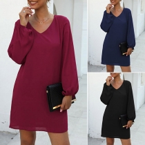 Fashion Solid Color Puff Sleeve V-neck Dress