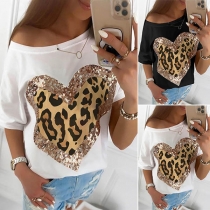 Fashion Sequin Leopard Spliced Heart Pattern Short Sleeve T-shirt