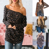 Sexy Twisted V-neck Long Sleeve Leopard Printed T-shirt