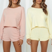 Fashion Solid Color Long Sleeve Round Neck Top + Shorts Two-piece Set