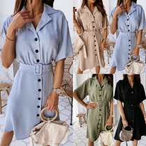 OL Style Short Sleeve Notched Lapel Single-breasted Dress with Waistband