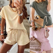 Simple Style Short Sleeve Round Neck Solid Color T-shirt + Shorts Two-piece Set
