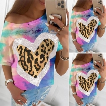 Fashion Sequin Leopard Spliced Hear Pattern Tie-dye Printed T-shirt
