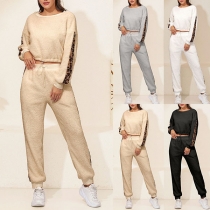 Fashion Leopard Spliced Long Sleeve Top + Pants Two-piece Set