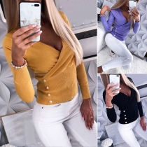 Sexy V-neck Long Sleeve Solid Color Top