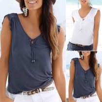 Fashion Lace Spliced Sleeveless V-neck Solid Color Top