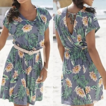 Sexy Backless Short Sleeve Round Neck Printed Dress