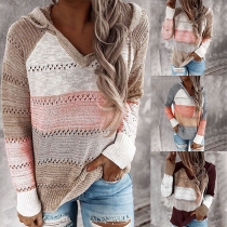 Fashion Contrast Color Long Sleeve Hooded Knit Top