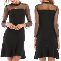 Sexy See-through Gauze Spliced Long Sleeve Ruffle Hem Beaded Dress