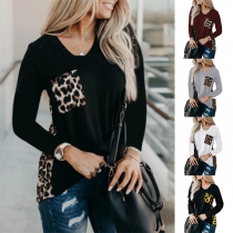 Fashion Leopard Spliced Long Sleeve V-neck T-shirt