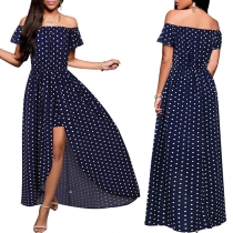 Sexy Off-shoulder Boat Neck Short Sleeve High Waist Slut Hem Dots Printed Dress