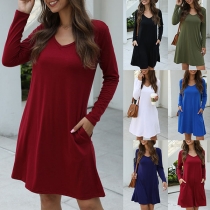 Fashion Solid Color Long Sleeve V-neck Dress