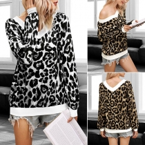 Fashion Long Sleeve V-neck Leopard Printed T-shirt