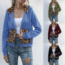Fashion Leopard Spliced Long Sleeve Hooded Sweatshirt Coat