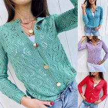 Fashion Solid Color Long Sleeve Single-breasted Hollow Out Knit Cardigan