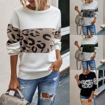 Fashion Leopard Spliced Long Sleeve Round Neck Knit Top