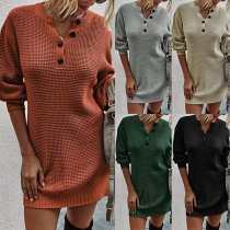 Fashion Solid Color Long Sleeve V-neck Slim Fit Sweater Dress