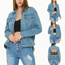 Sexy Hollow Out Long Sleeve POLO Collar Denim Jacket
