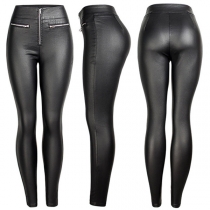 Fashion Solid Color High Waist Slim Fit PU Leather Pants
