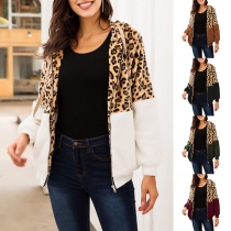 Fashion Leopard Spliced Long Sleeve Hooded Plush Coat