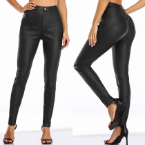 Fashion Solid Color High Waist Slim Fit PU Leather Pants