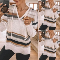 Fashion Long Sleeve V-neck Hooded Striped Sweater