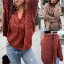 Fashion Solid Color Long Sleeve V-neck Slit Hem Loose Sweater