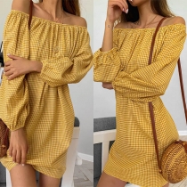 Sexy Off-shoulder Boat Neck Long Sleeve Plaid Dress