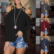 Sexy Off-shoulder Long Sleeve Round Neck Solid Color T-shirt