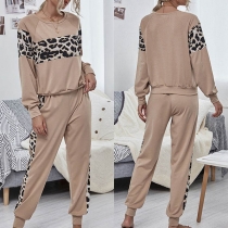 Fashion Leopard Spliced Long Sleeve Sweatshirt + Pants Two-piece Set