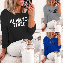 Fashion Letters Printed Long Sleeve Round Neck T-shirt