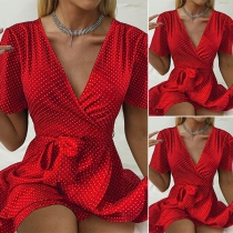 Sexy V-neck Short Sleeve High Waist Dots Printed Dress