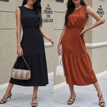 Fashion Solid Color Sleeveless Round Neck High Waist Dress