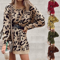 Fashion Long Sleeve Round Neck Leopard Printed Sweater Dress