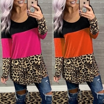 Fashion Leopard Spliced Long Sleeve Round Neck Contrast Color T-shirt