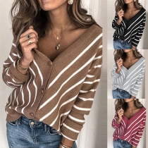 Fashion Long Sleeve V-neck Striped Knit Cardigan