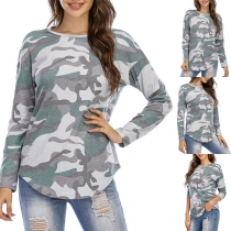 Fashion Long Sleeve Round Neck Camouflage Printed T-shirt