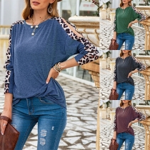 Sexy Off-shoulder Leopard Printed Spliced Long Sleeve T-shirt