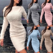 Fashion Solid Color Long Sleeve Round Neck Slim Fit Plush Dress