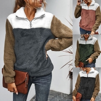 Fashion Contrast Color Long Sleeve Stand Collar Plush Sweatshirt