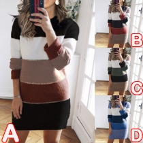 Fashion Contrast Color Long Sleeve Round Neck Slim Fit Sweater Dress