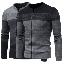 Fashion Contrast Color Long Sleeve Front-zipper Man's Knit Cardigan