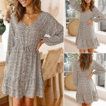 Fashion Long Sleeve V-neck Front-button Printed Dress