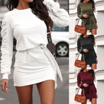 Fashion Solid Color Long Sleeve Round Neck Slim Fit Dress with Waist Strap(The size runs small)